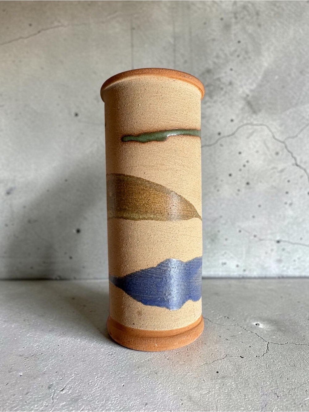 Handcrafted Ceramic Cylinder Vase in Natural, Blue & Green